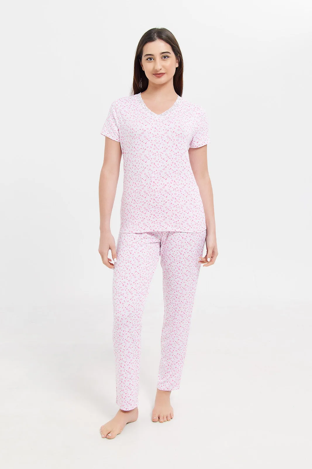 Women Pink Short Sleeves Printed Pyjama Set (2 Piece)