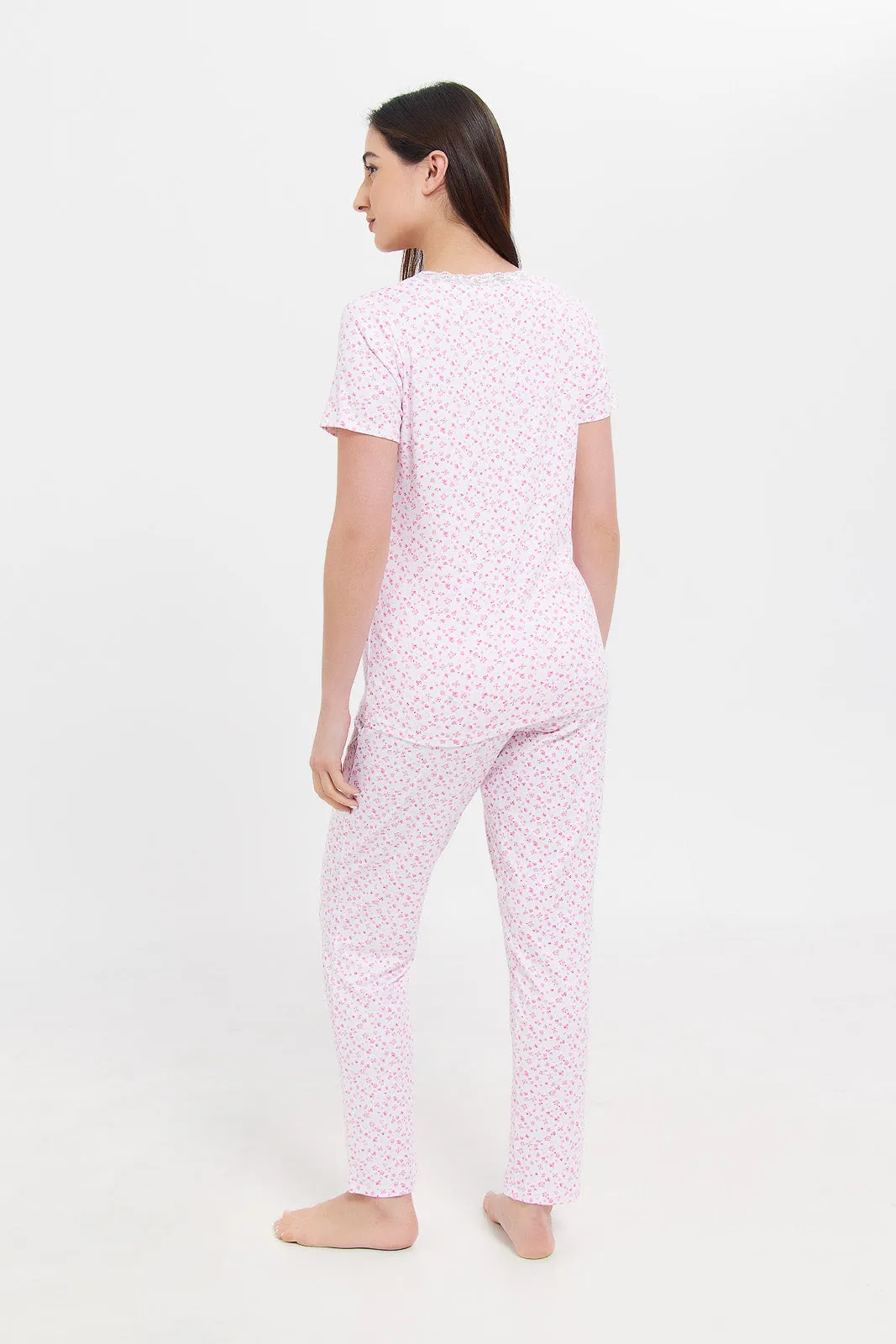 Women Pink Short Sleeves Printed Pyjama Set (2 Piece)