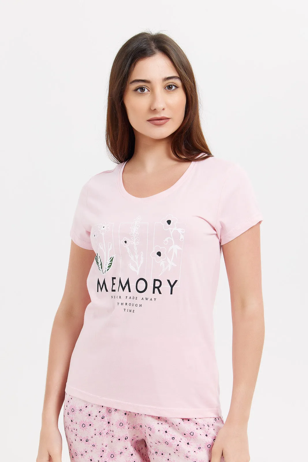Women Pink Short Sleeves Pyjama Set (2 Piece)