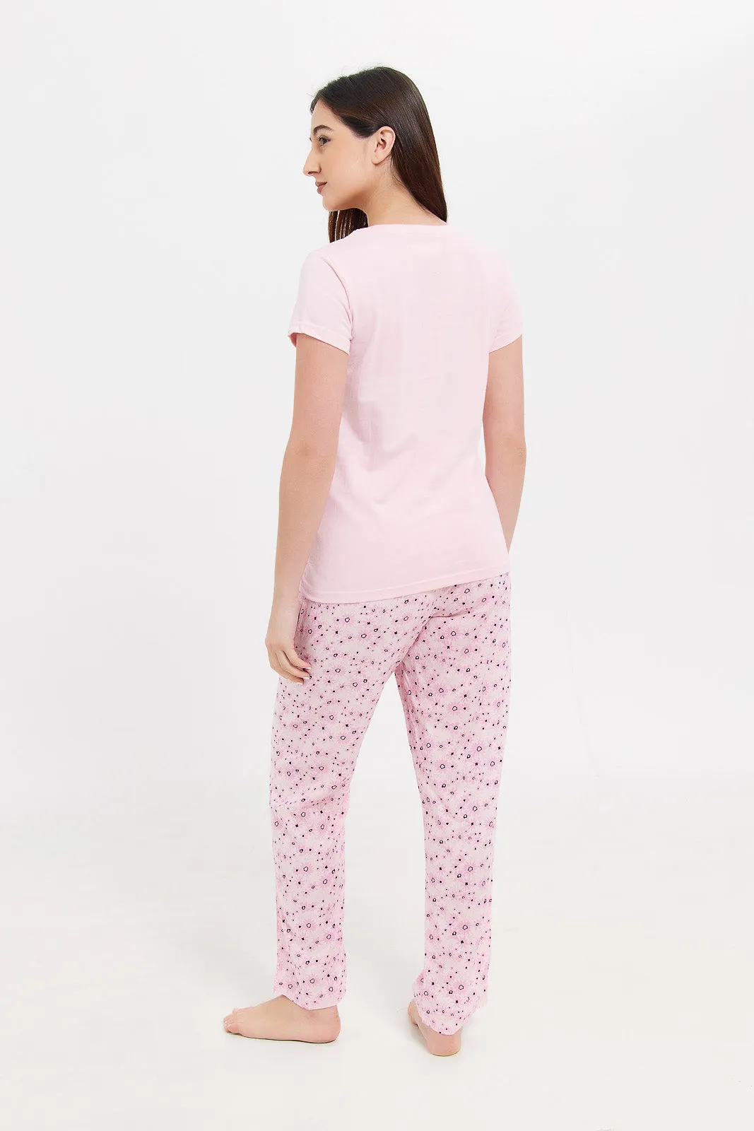 Women Pink Short Sleeves Pyjama Set (2 Piece)