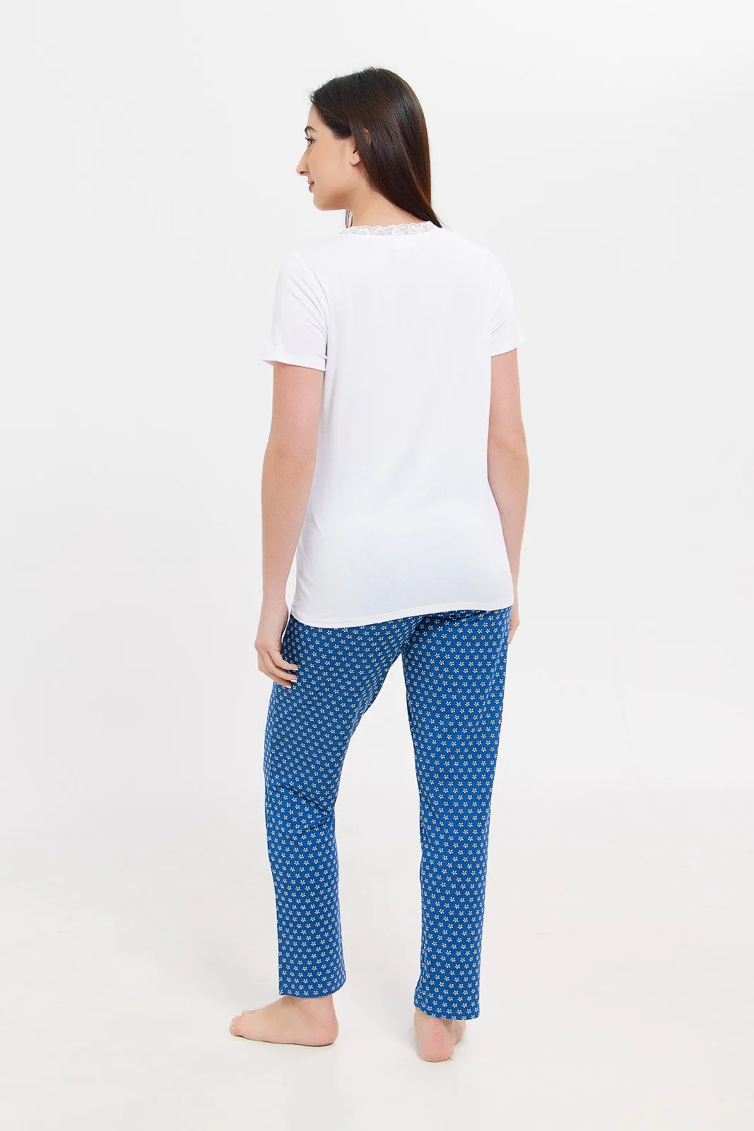 Women White And Blue Short Sleeves Pyjama Set (2Piece)
