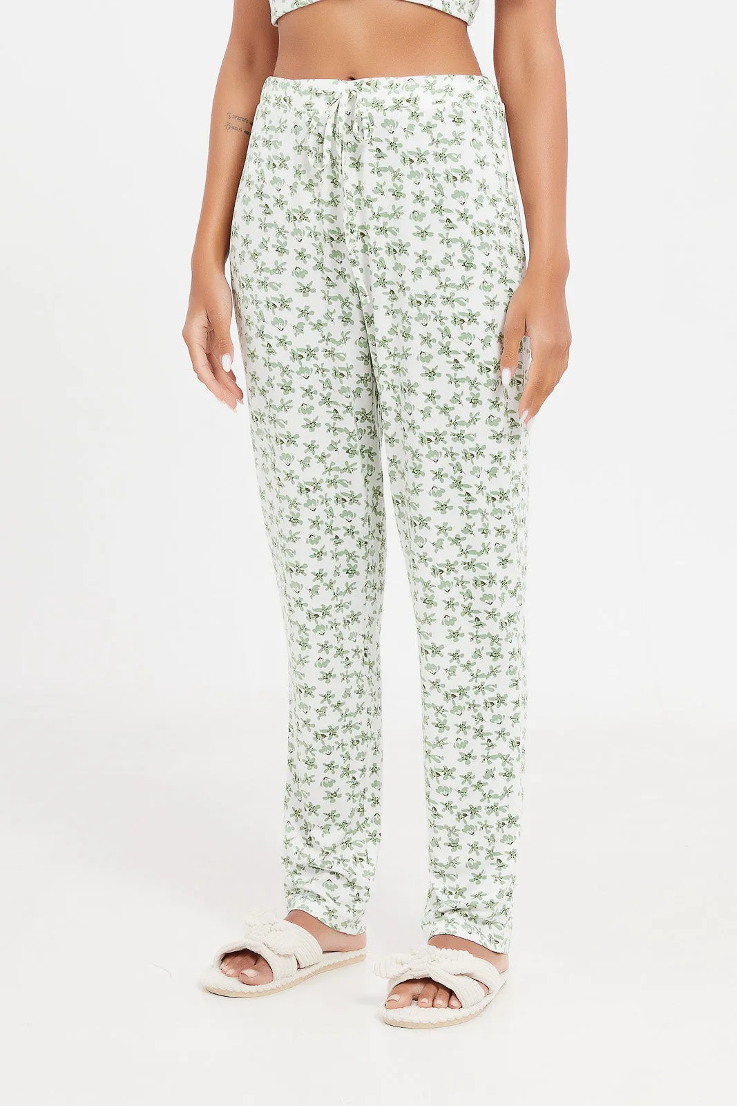 Women White And Mint Printed Pajama Set (2 Piece)