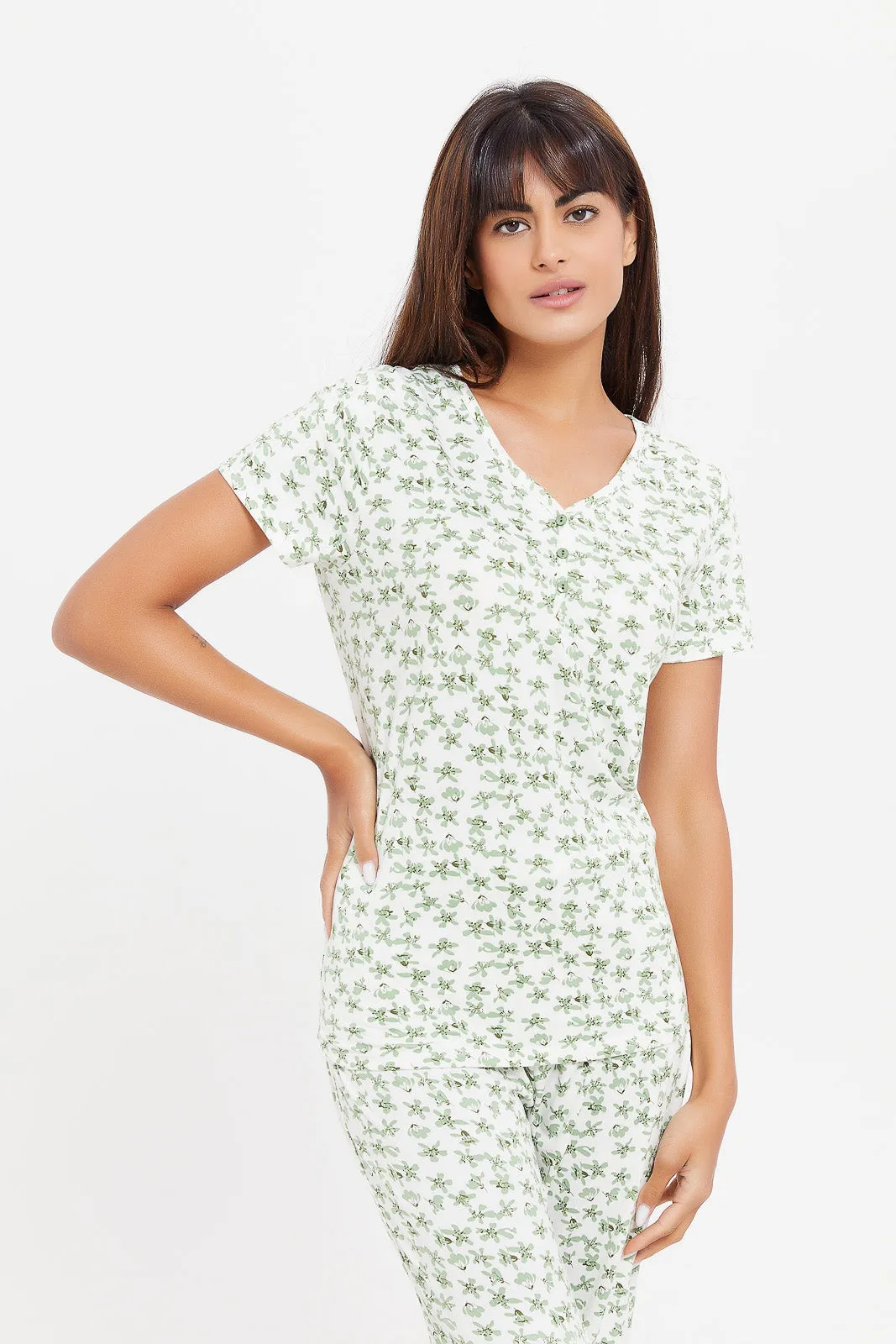 Women White And Mint Printed Pajama Set (2 Piece)