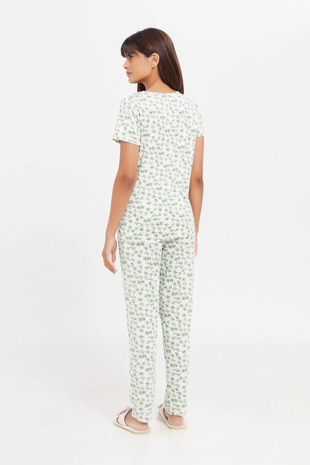 Women White And Mint Printed Pajama Set (2 Piece)