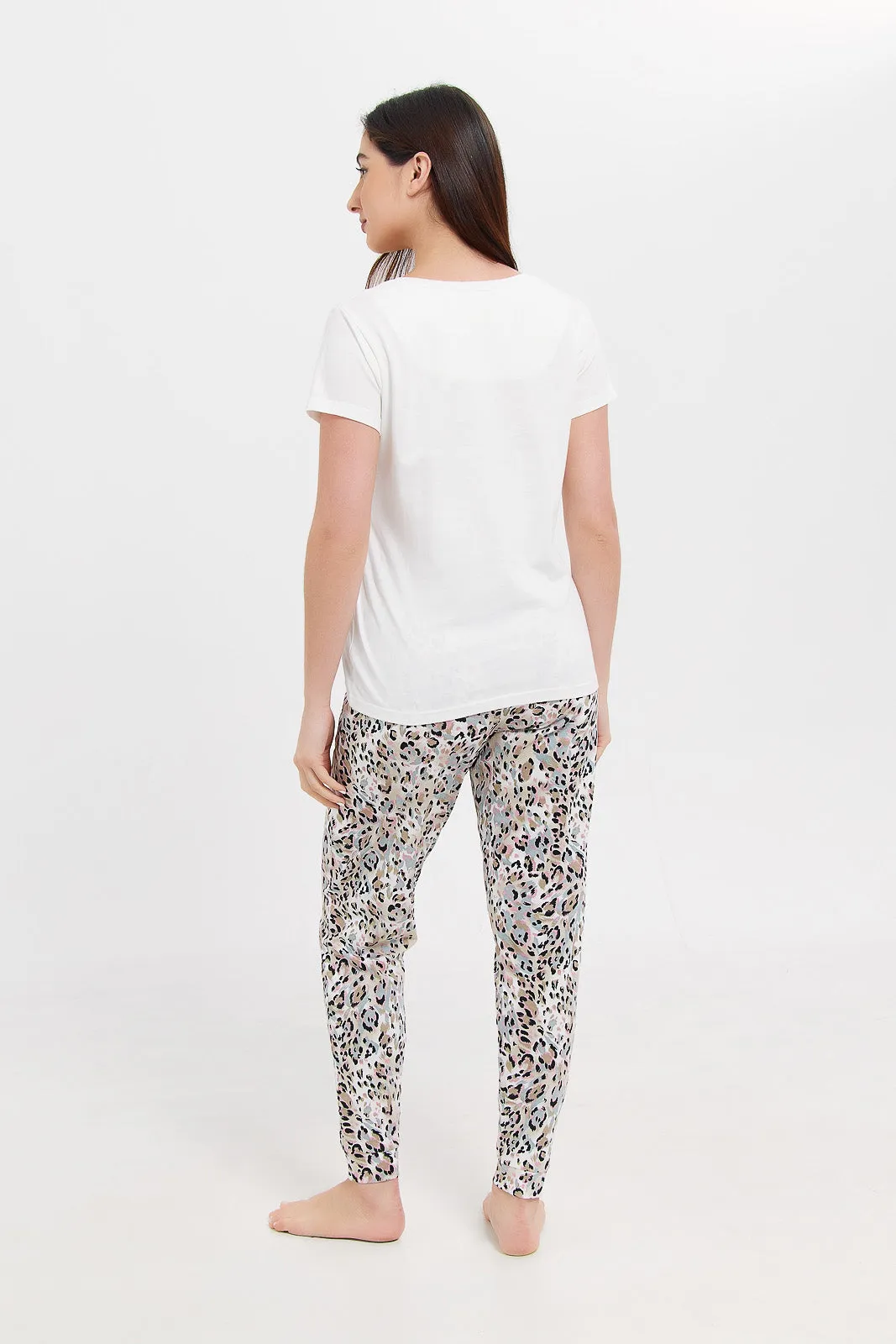 Women White Short Sleeves Printed Pyjama Set (2 Piece)