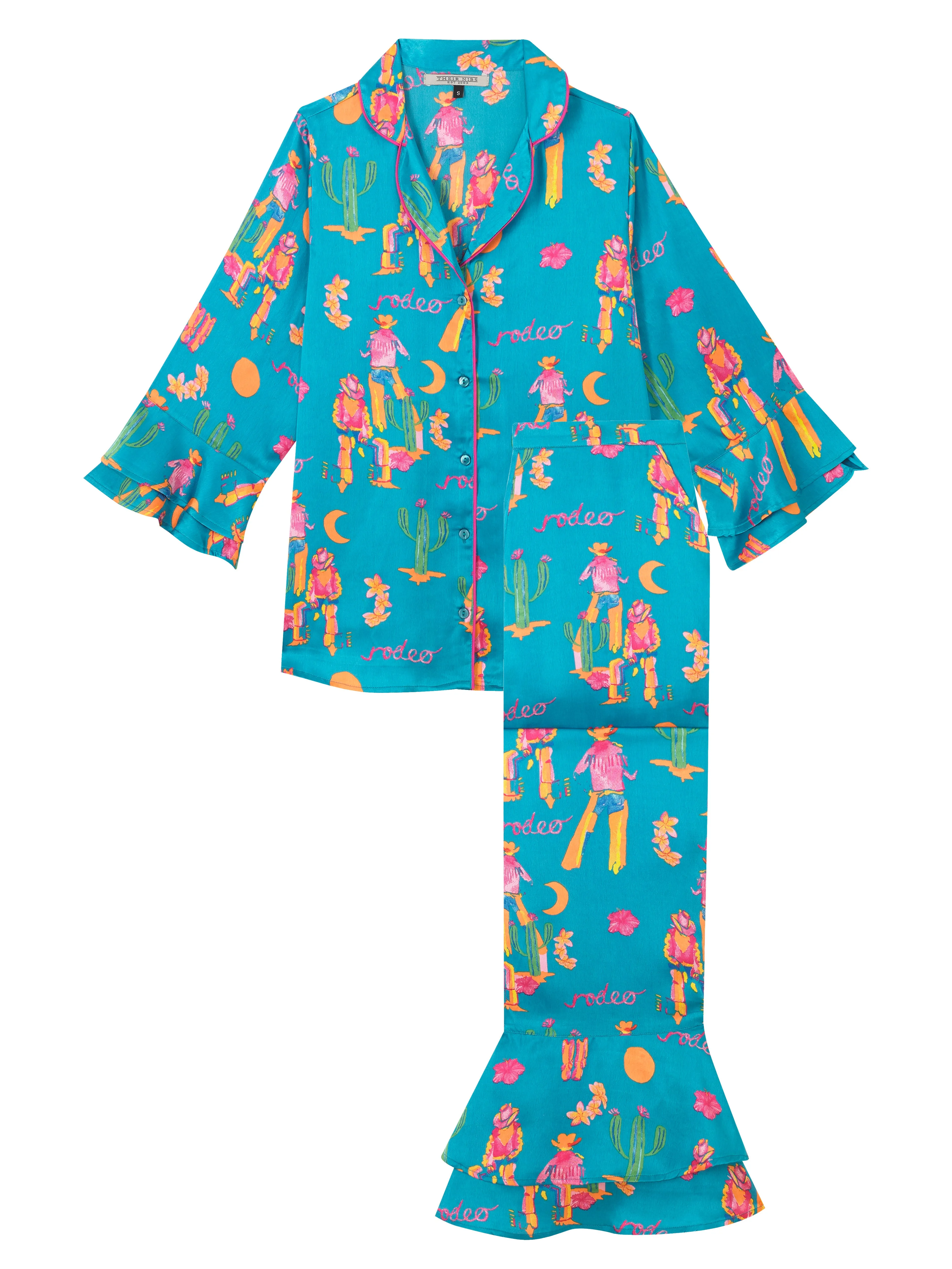 Womens Satin Fluted Pyjamas Neon Cowboy