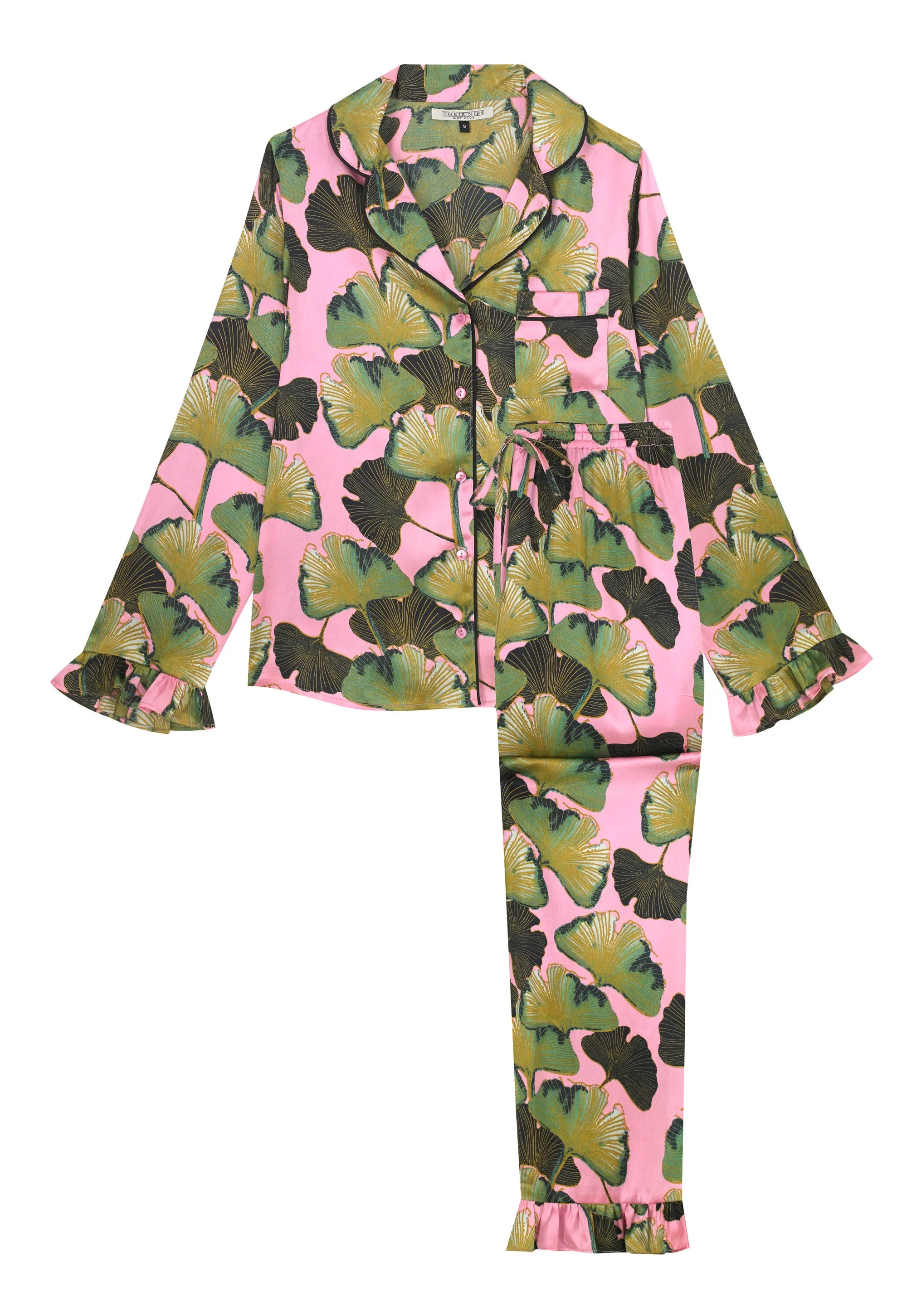 Womens Satin Frill Pyjamas Pink 30s Palms