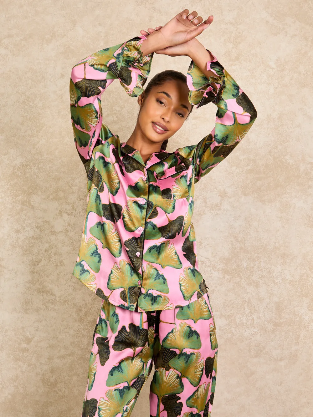 Womens Satin Frill Pyjamas Pink 30s Palms