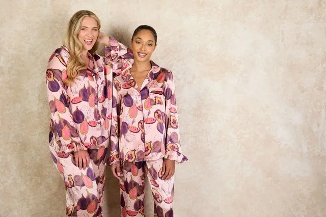 Womens Satin Frill Pyjamas Pink Figgy Stars