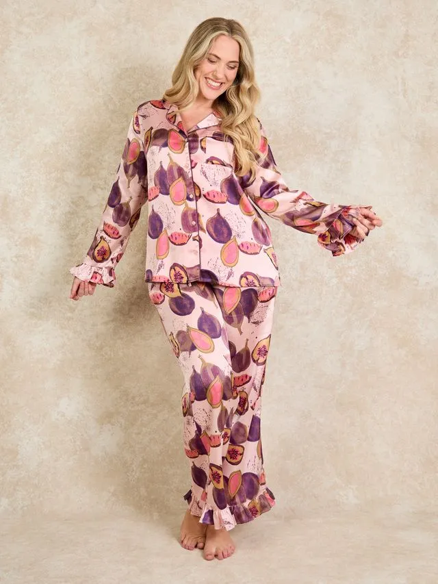 Womens Satin Frill Pyjamas Pink Figgy Stars