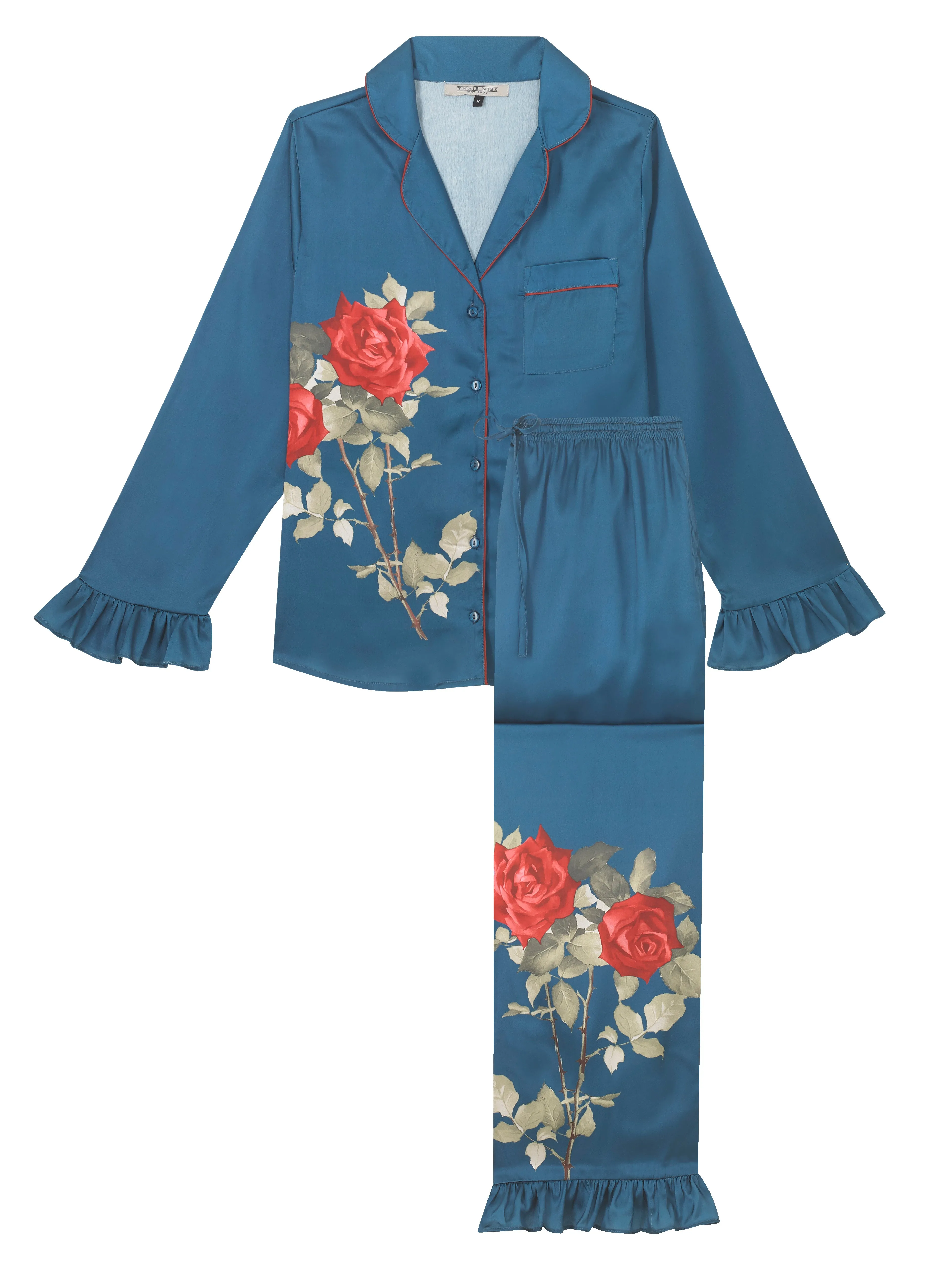 Womens Satin Frill Pyjamas Placement Print Rose