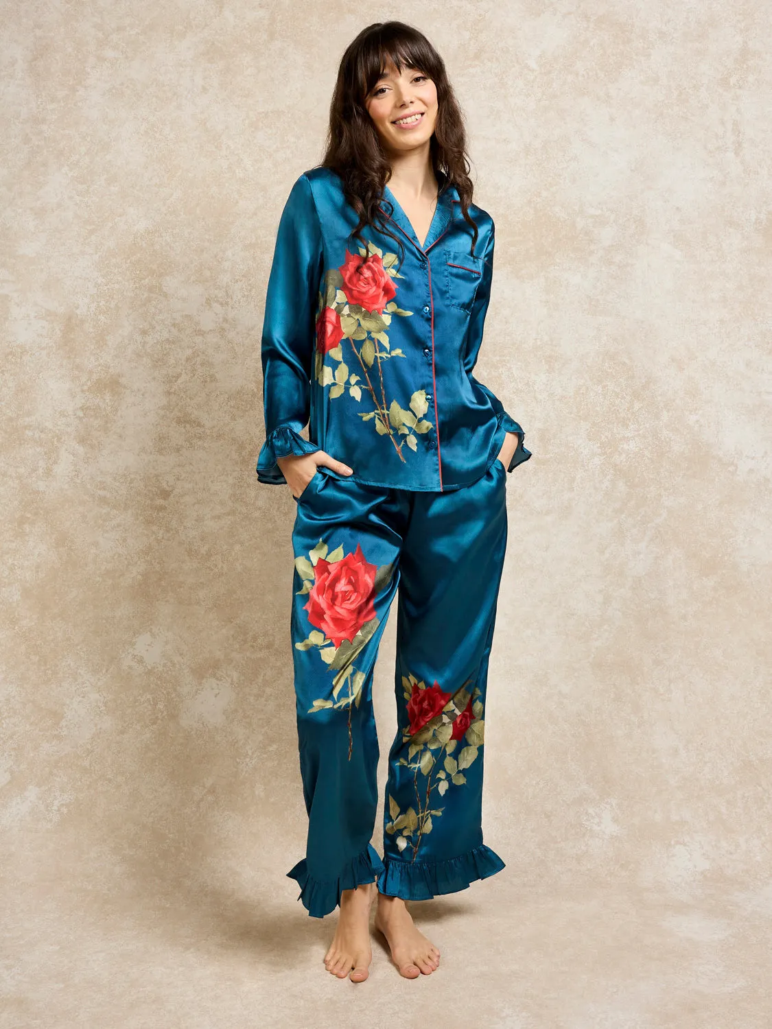 Womens Satin Frill Pyjamas Placement Print Rose
