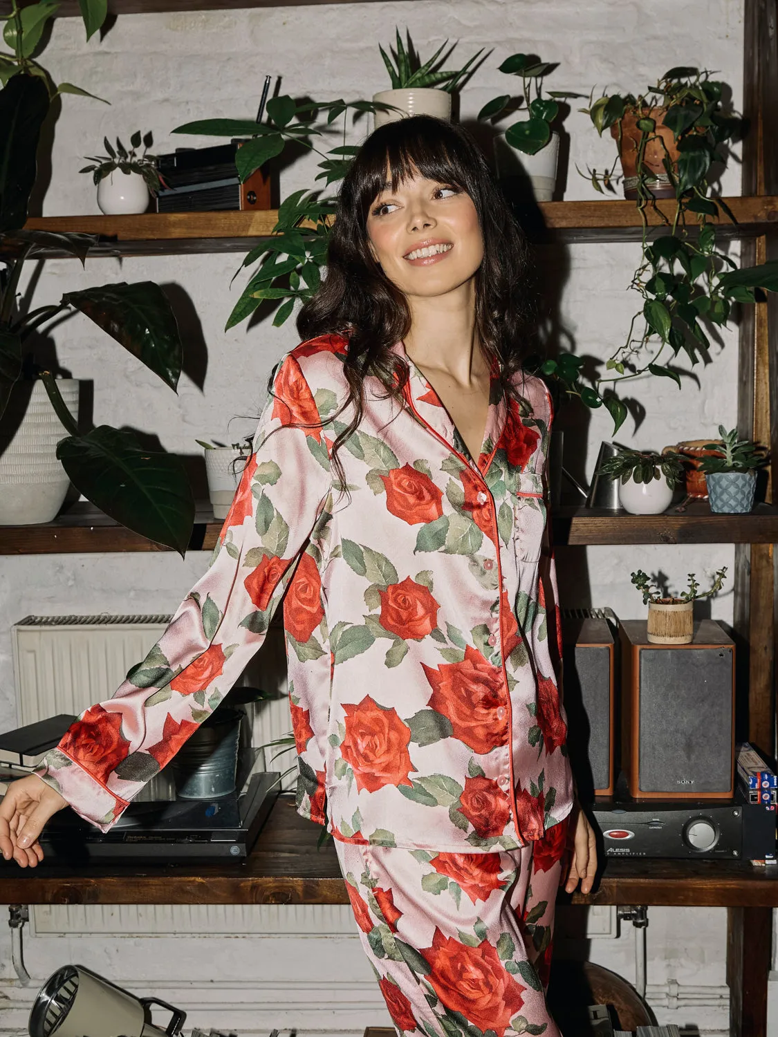 Womens Satin Traditional Pyjamas Red Red Rose