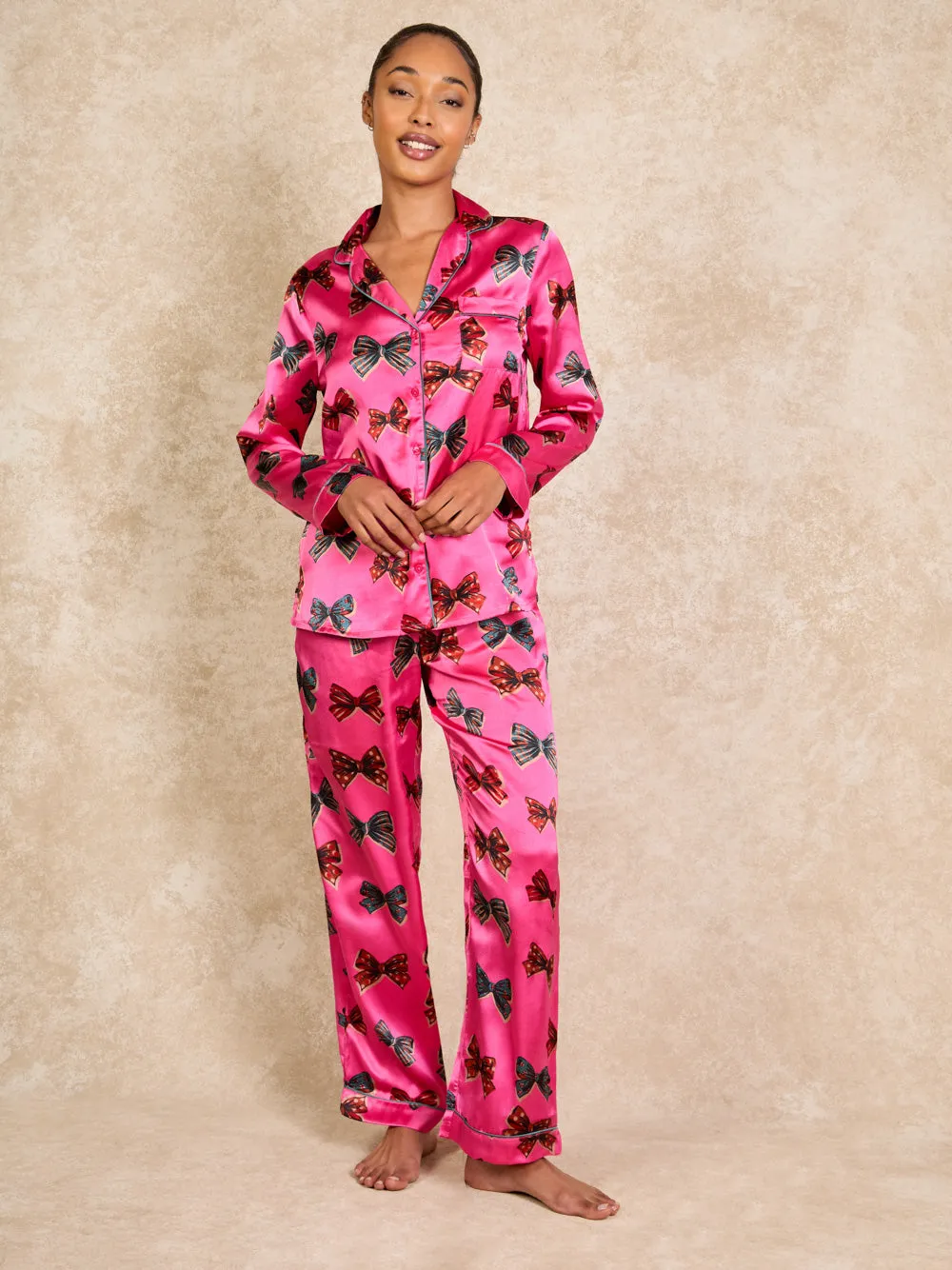 Womens Satin Traditional Pyjamas Vintage Bows