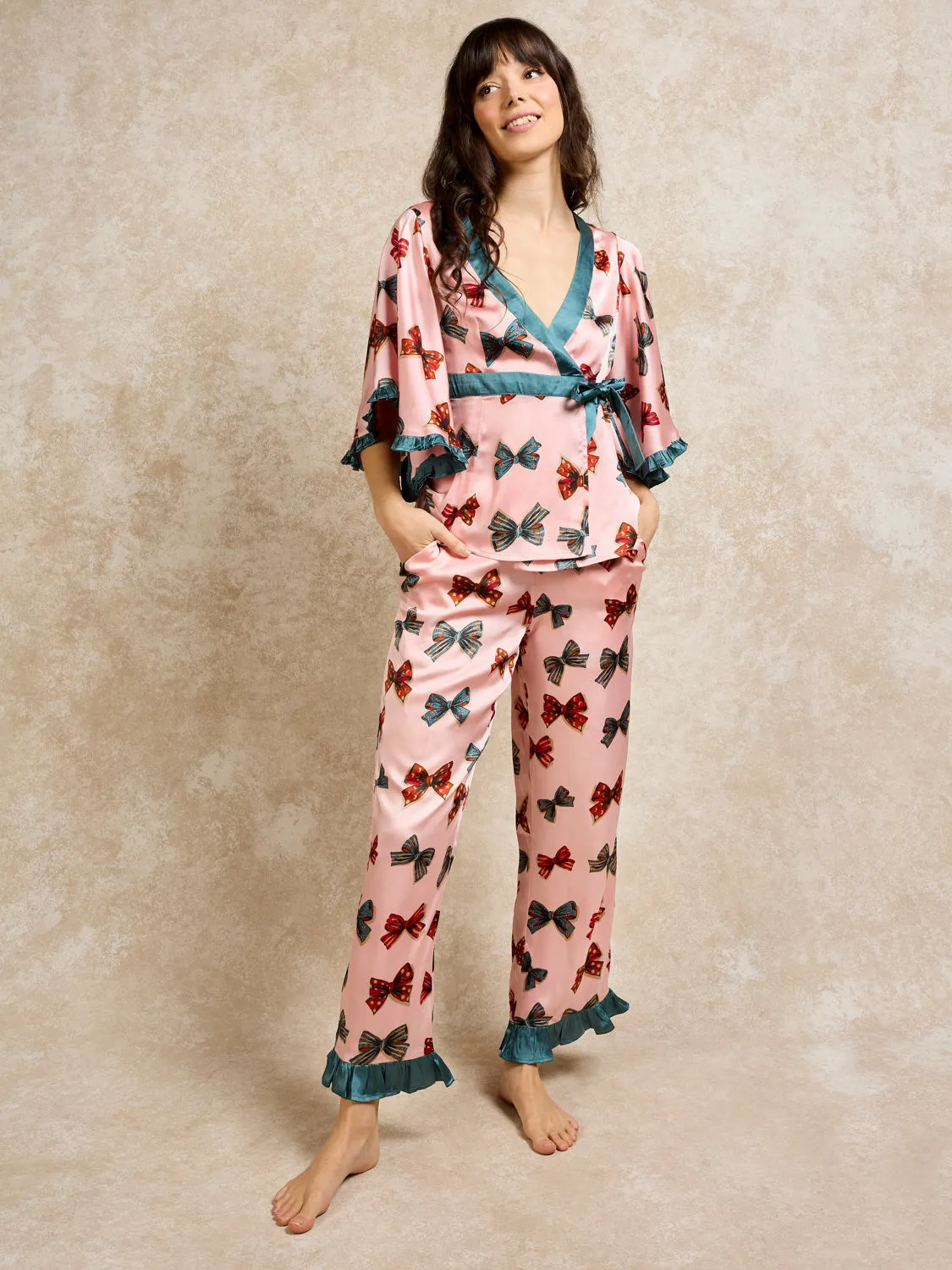 Womens Satin Wrap Fashion Pyjama Vintage Bows